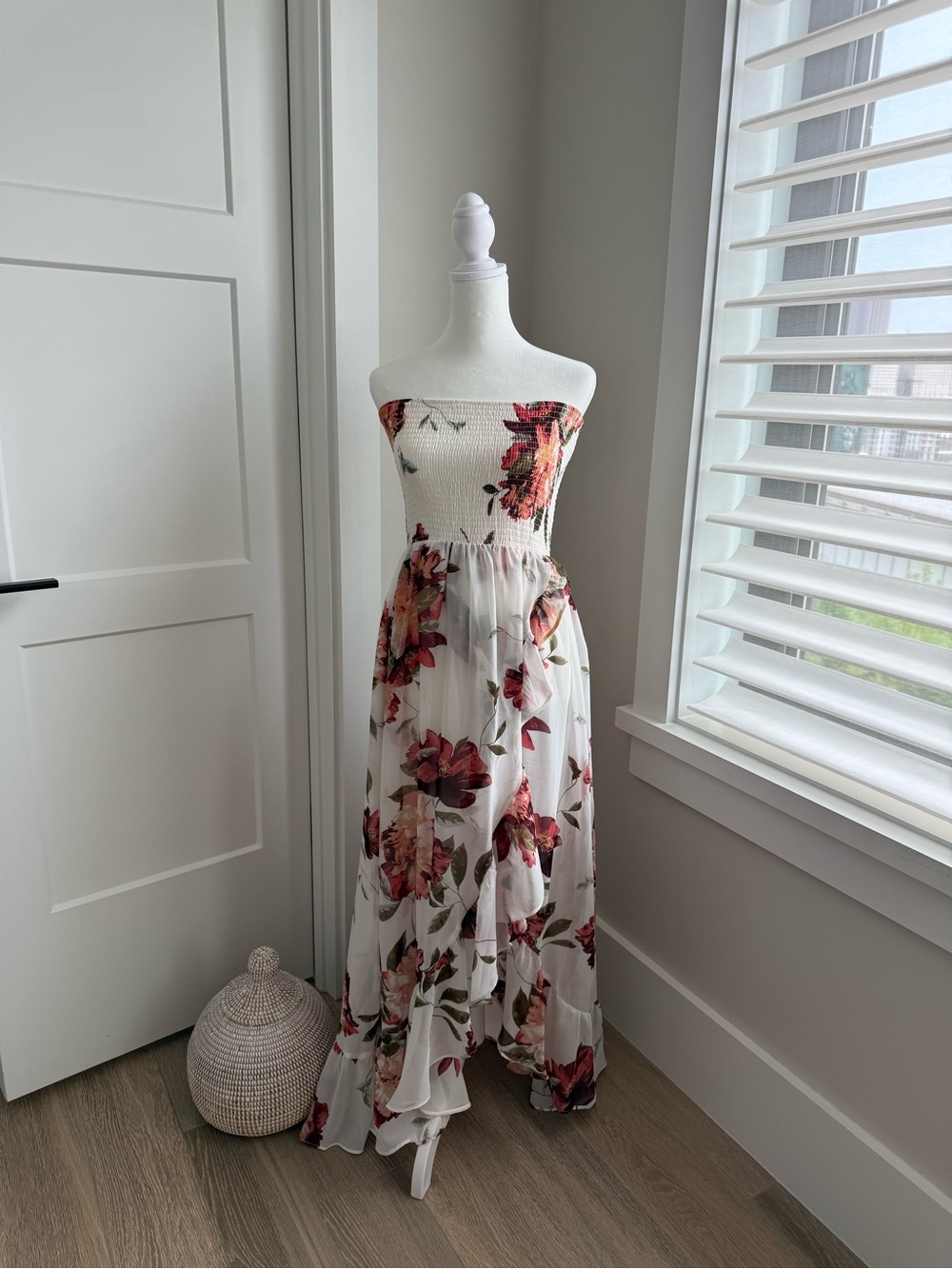 VENUS Strapless White Maxi Dress with Red and Pink Floral Print